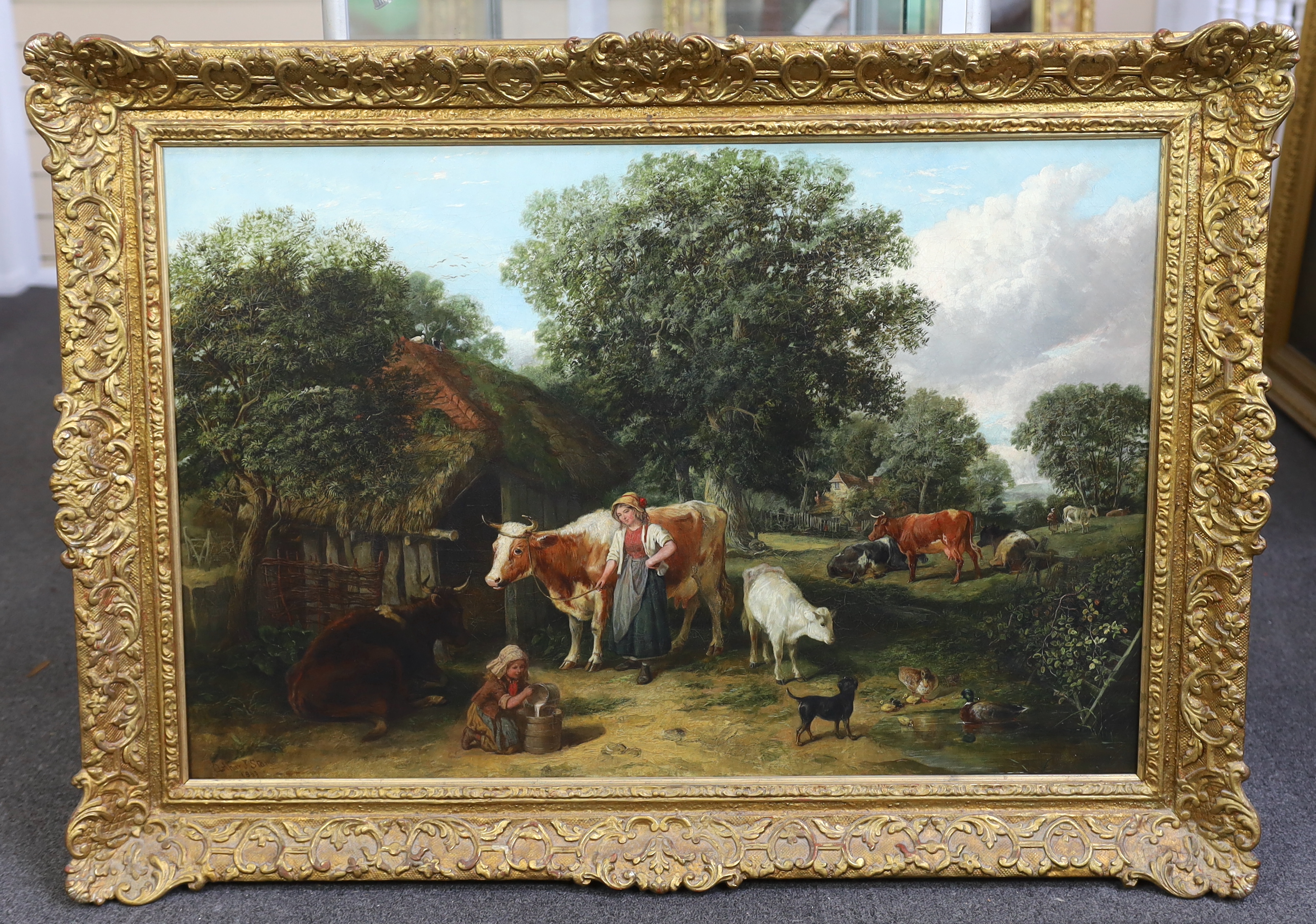 Arthur James Stark (English, 1831-1902), Farm scene with figures and oxen, oil on canvas, 59 x 90cm